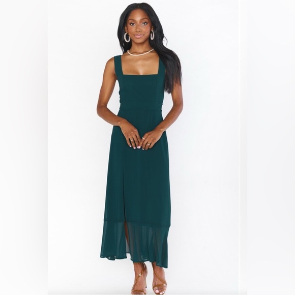 SHOW ME YOUR MUMU Claire Elegant Emerald Chiffon Midi Dress Bridesmaid NWT - Picture 8 of 12